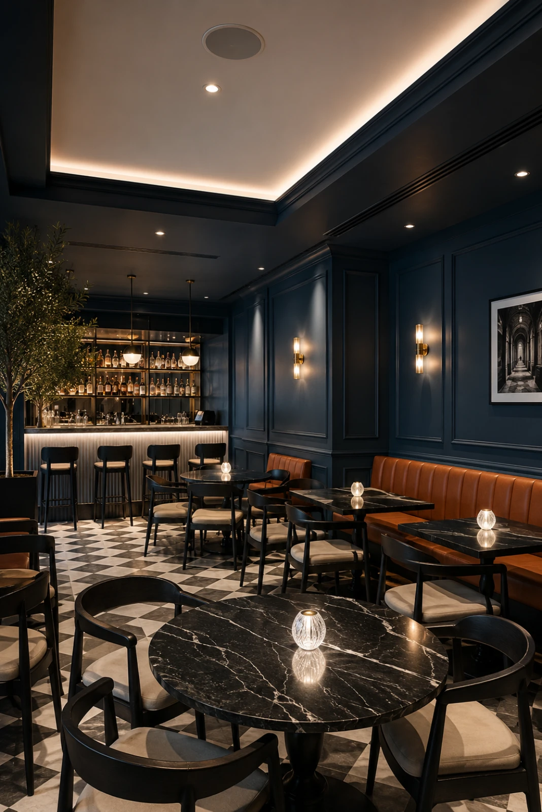 Professionally painted restaurant interior in London featuring premium commercial wall finishes and modern hospitality design