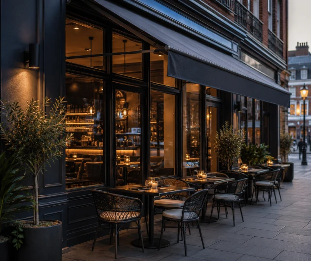Restaurant and café painting services in London featuring a professionally refurbished hospitality venue exterior by Pro Plaster and Paint