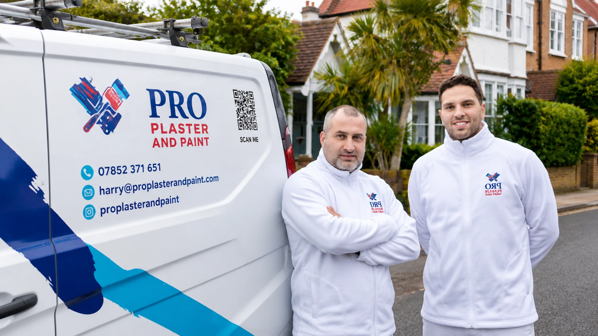 Pro Plaster and Paint team standing beside branded company van providing professional painting and decorating services in London
