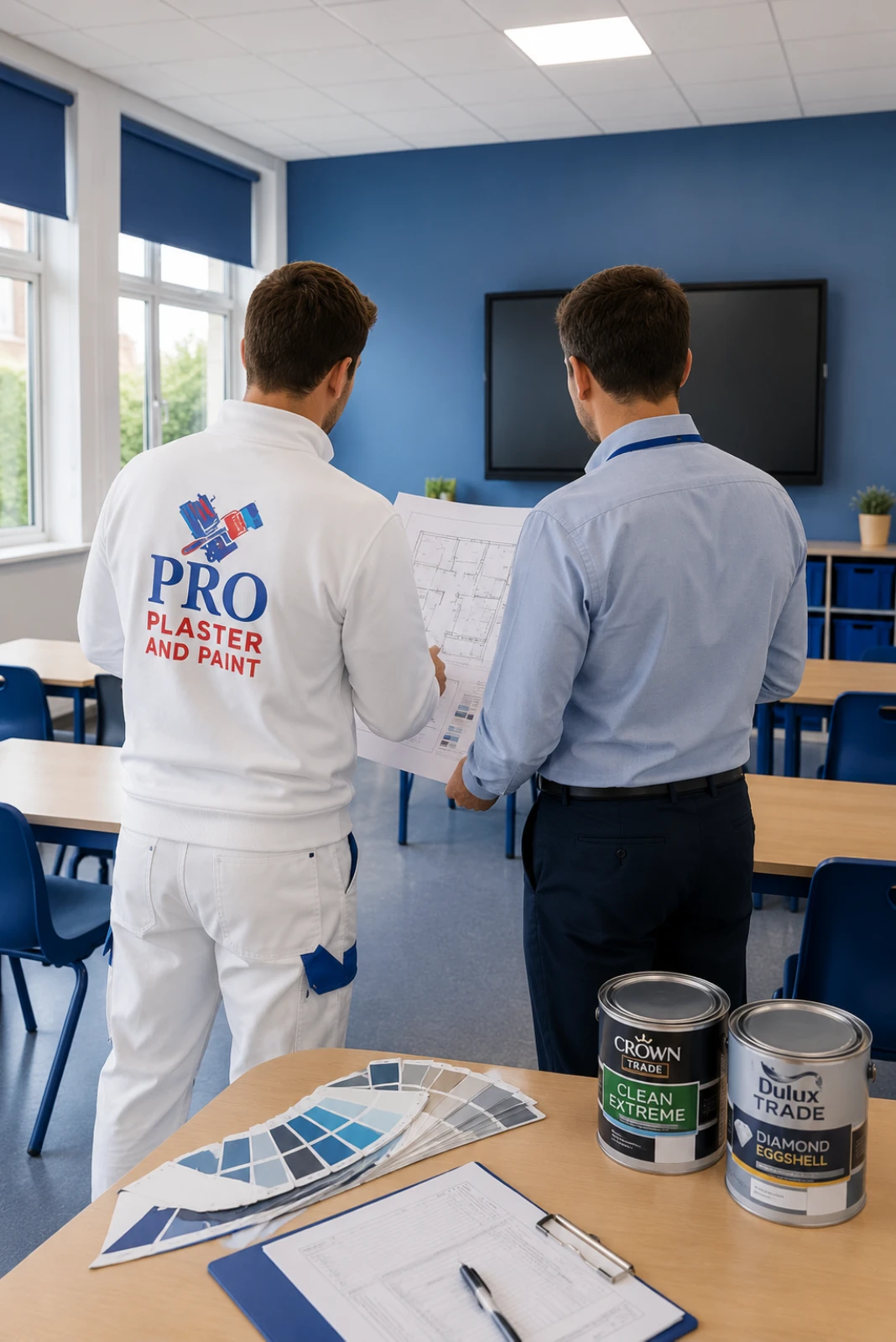 School painting consultation in London with Pro Plaster and Paint supervisor reviewing classroom refurbishment plans