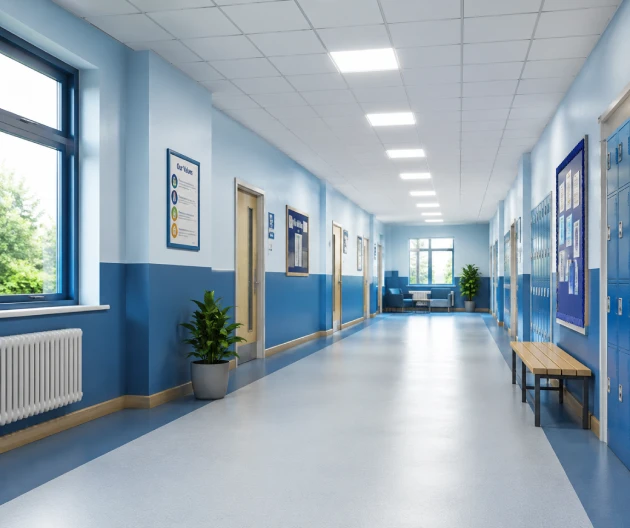 Modern school corridor painted in blue tones by professional school painters in London