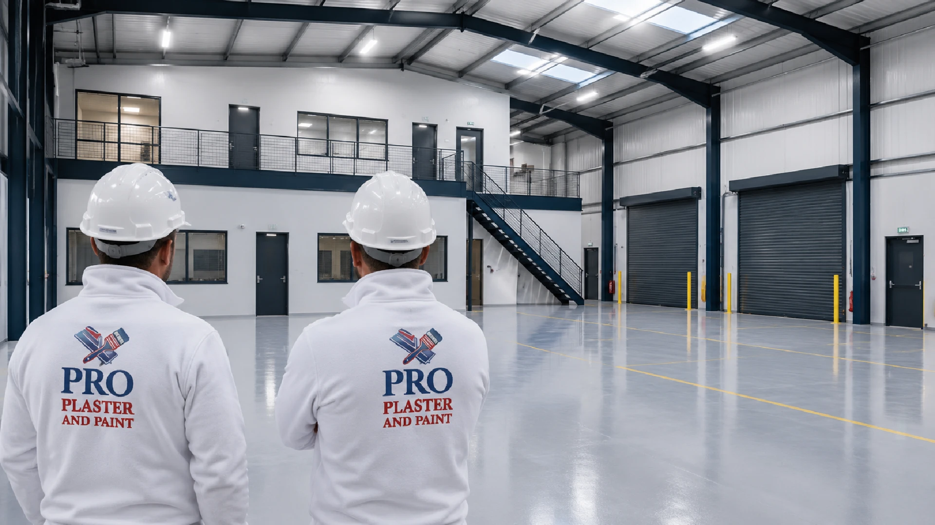 Professional warehouse painting contractors inspecting a newly refurbished industrial warehouse in London with specialist commercial coatings and safety-compliant finishes
