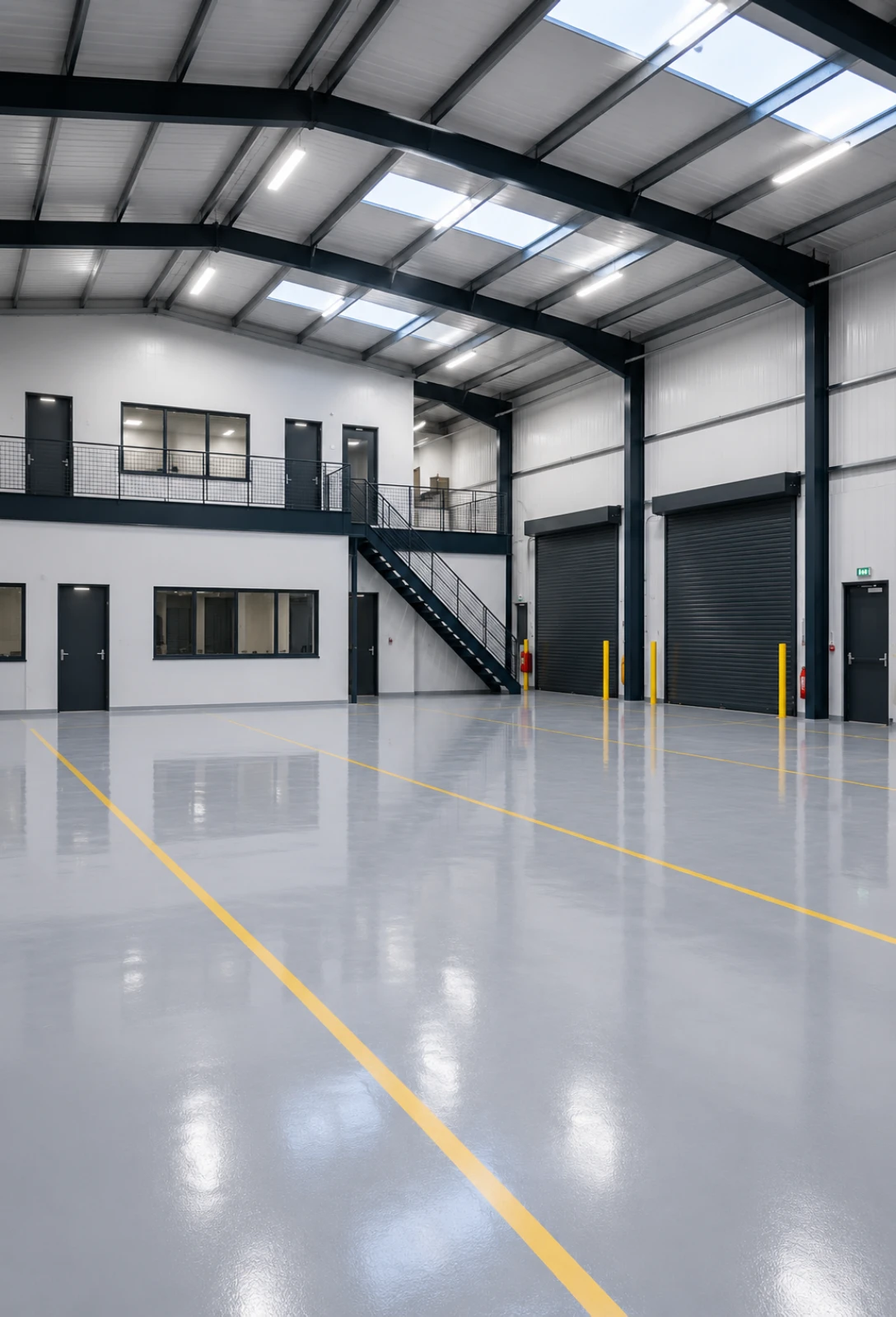 Professional warehouse painting project with epoxy floor coating and line marking in a modern industrial unit in London